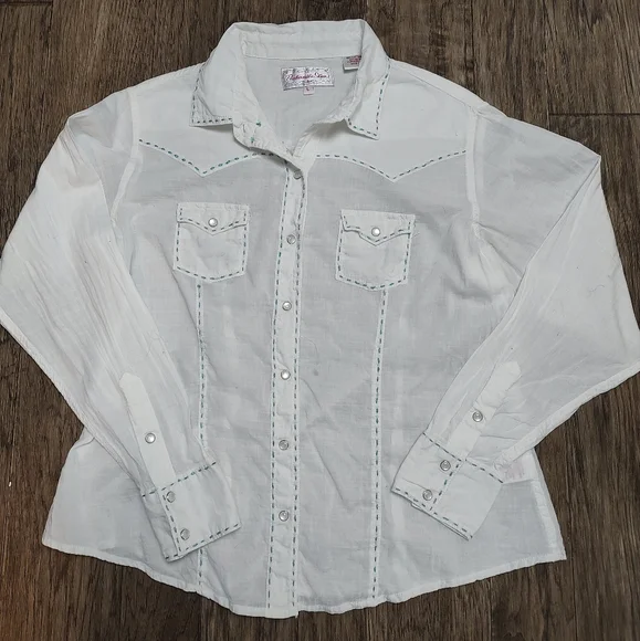 Panhandle Slim white with decorative stitches white pearl snap shirt Size L - Picture 3 of 16